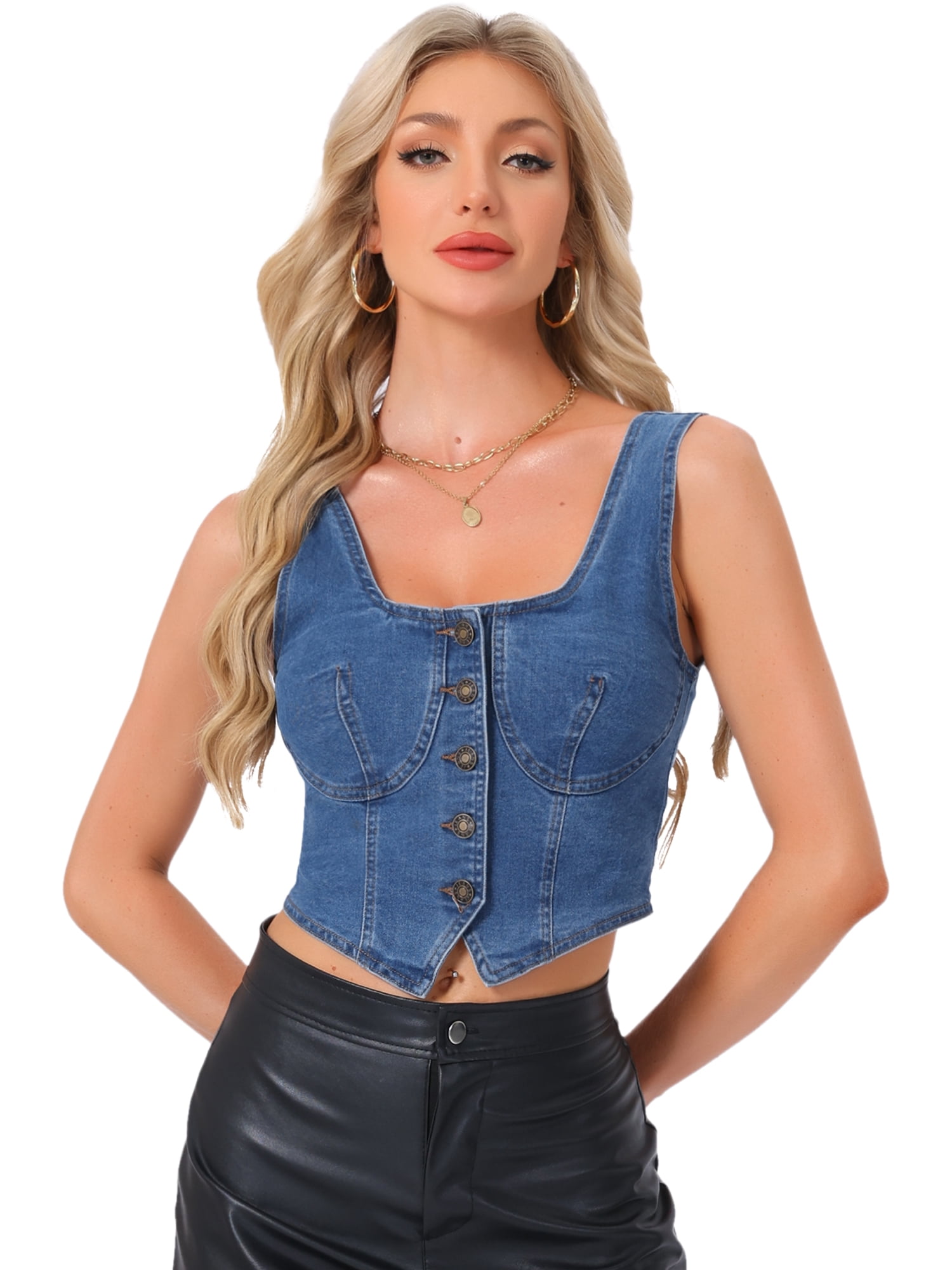 DARING DIVA Women's Square Neck Button Down Jean Waistcoat Vest S Blue