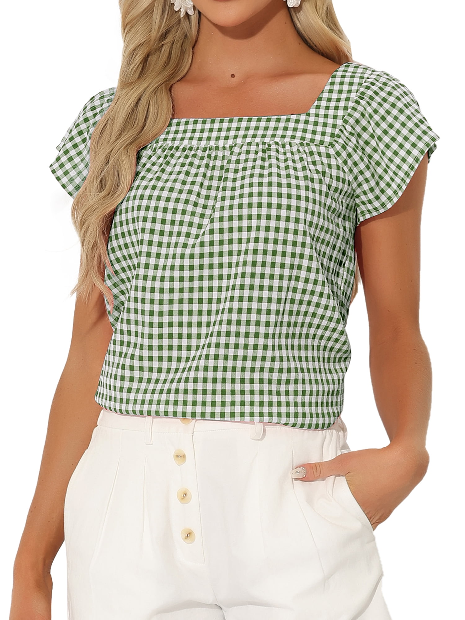 DARING DIVA Women's Cute Cap Sleeve Square Neck Plaid Blouses L Green White