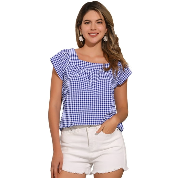 DARING DIVA Women's Square Neck Gingham Tops Sleeveless Blouses S Blue White