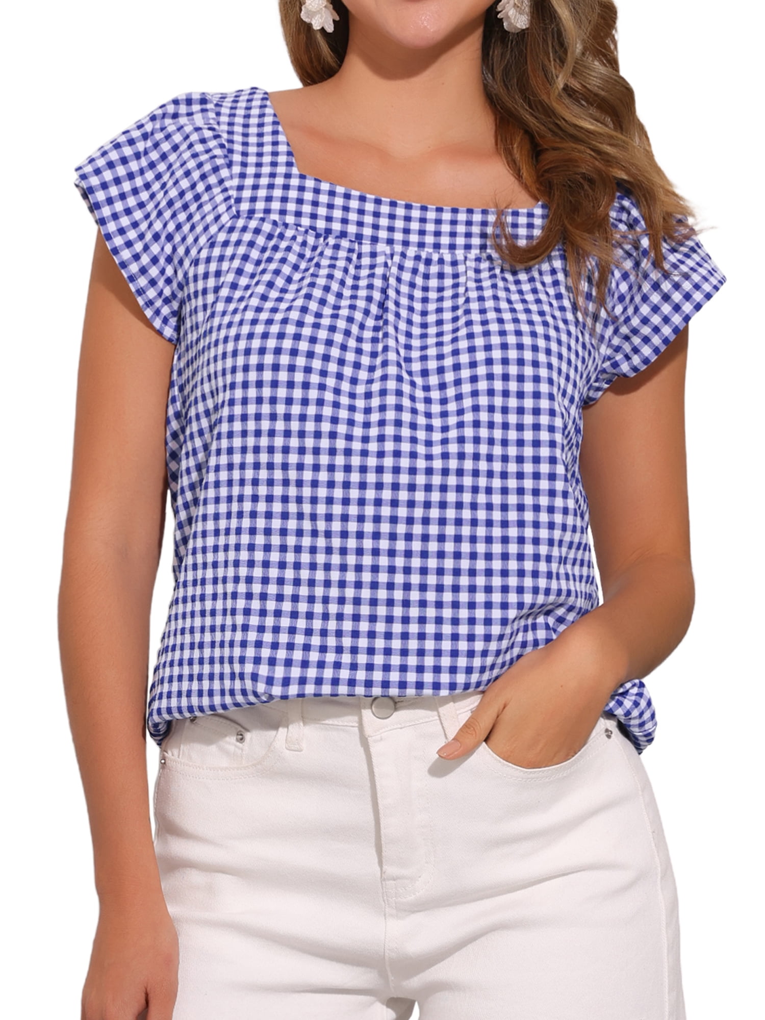 DARING DIVA Women's Cute Cap Sleeve Square Neck Plaid Blouses S Blue White