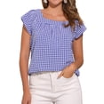 thumbnail image 1 of DARING DIVA Women's Cute Cap Sleeve Square Neck Plaid Blouses S Blue White, 1 of 6