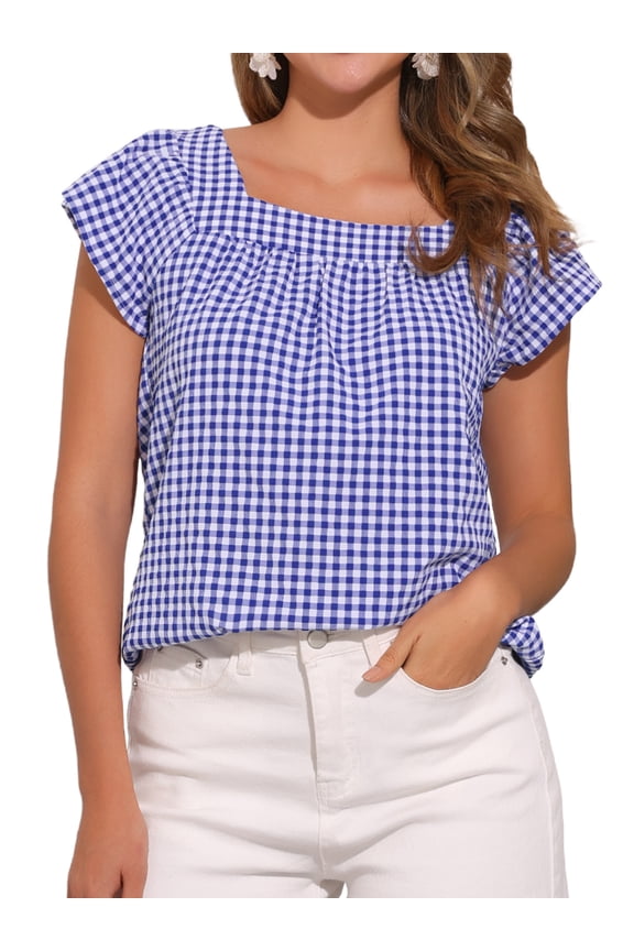 Women's Cute Cap Sleeve Square Neck Plaid Blouses S Blue White