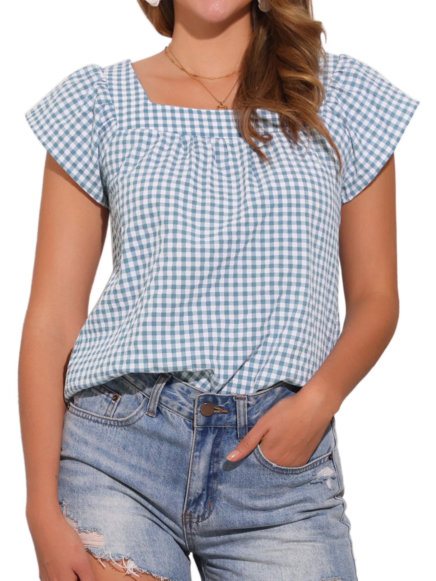DARING DIVA Women's Cute Cap Sleeve Square Neck Plaid Blouses S Lake Blue