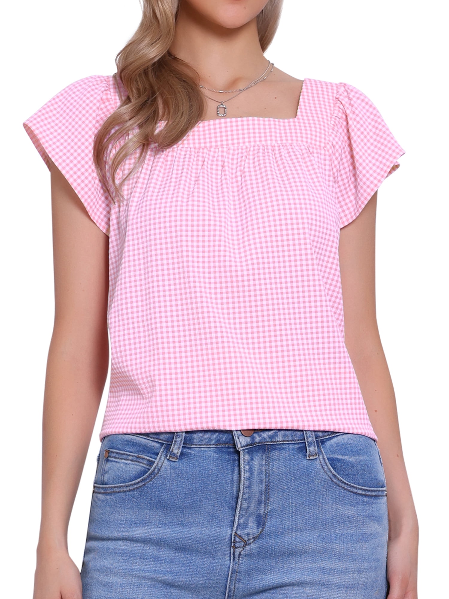 DARING DIVA Women's Cute Cap Sleeve Square Neck Plaid Blouses S Pink