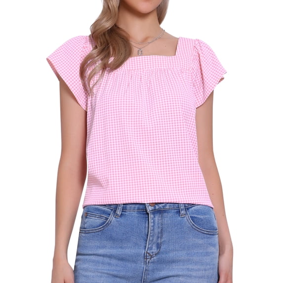 DARING DIVA Women's Cute Cap Sleeve Square Neck Plaid Blouses S Pink
