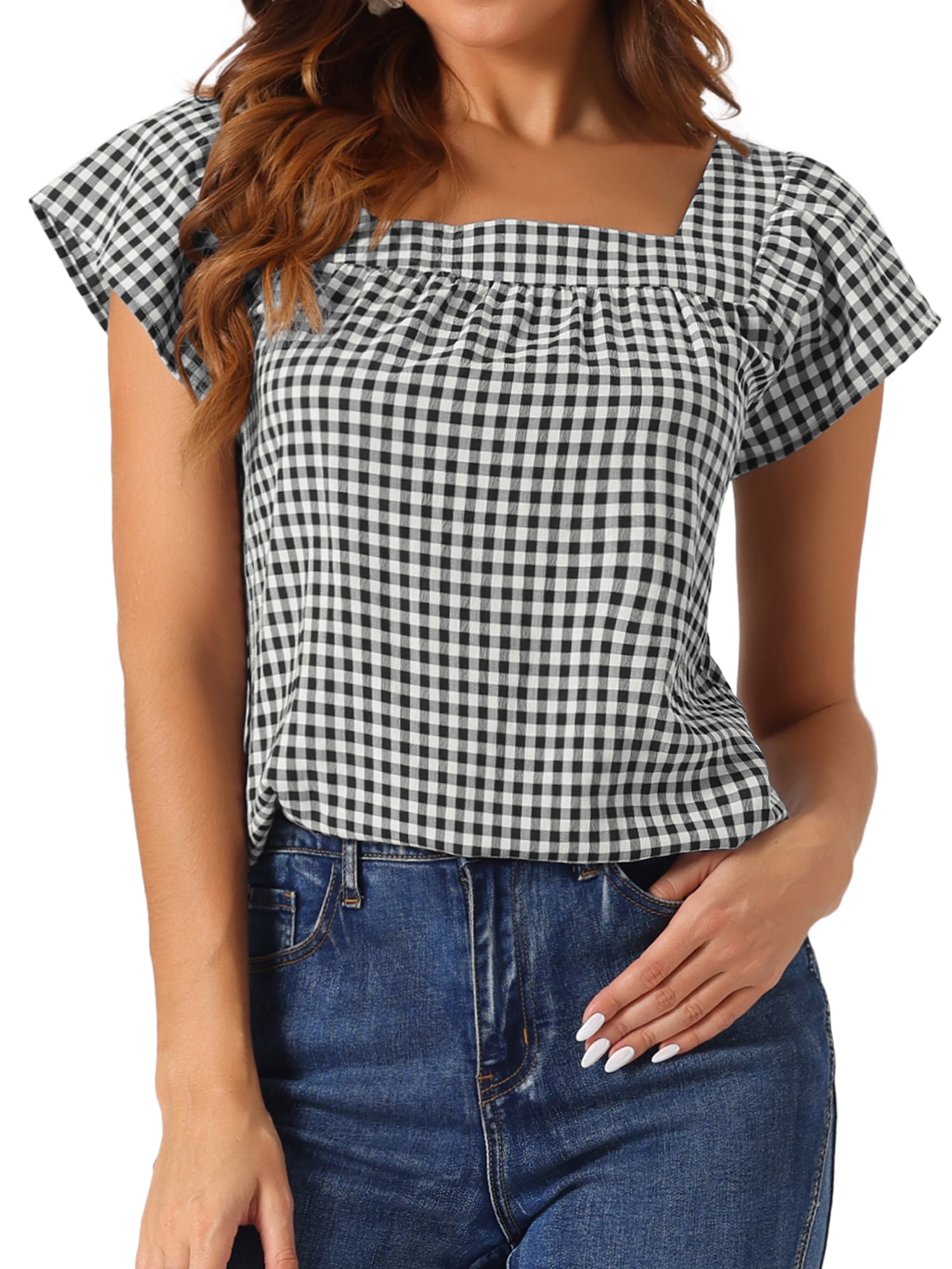 DARING DIVA Women's Cute Cap Sleeve Square Neck Plaid Blouses XS Black