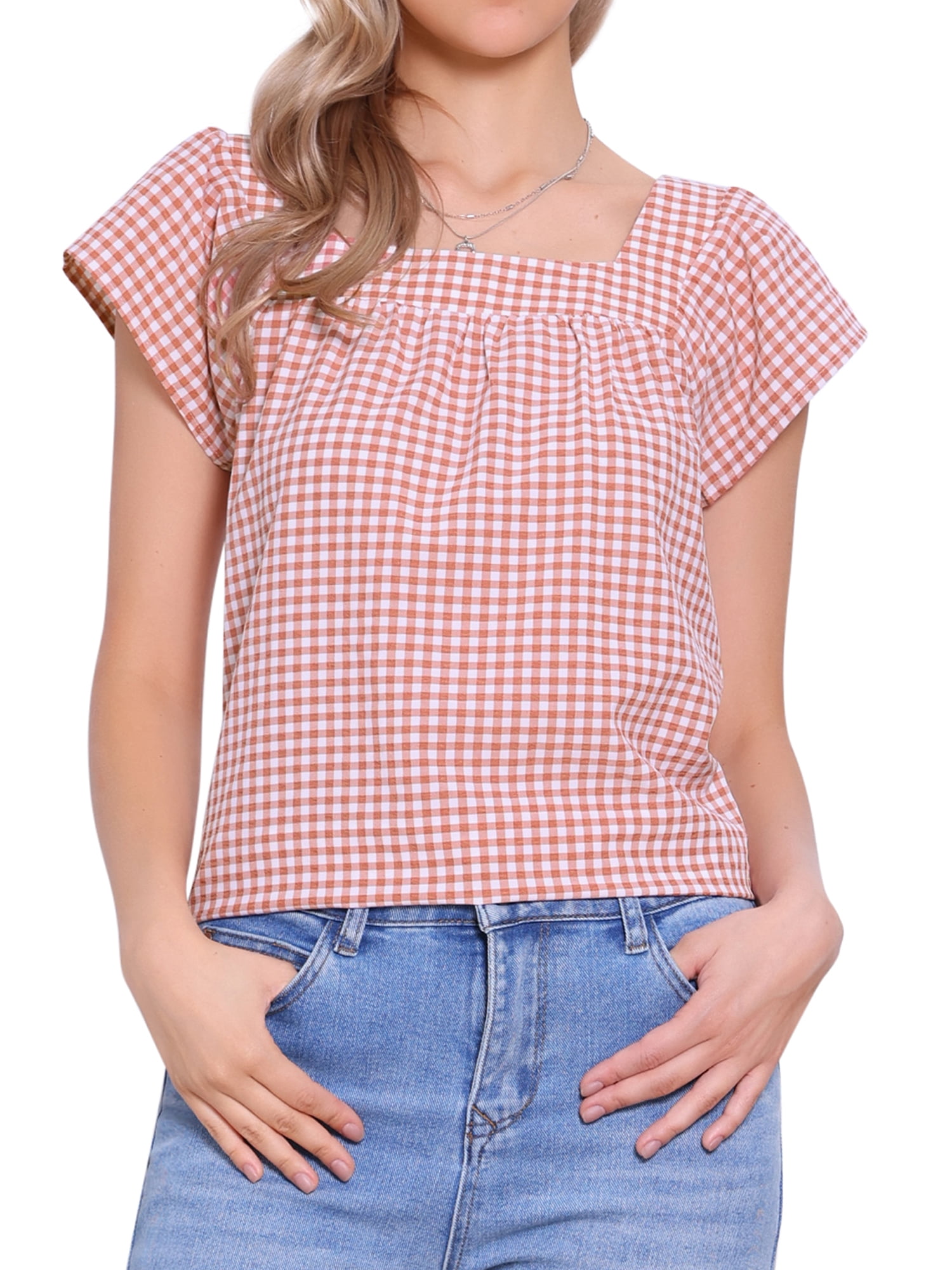 DARING DIVA Women's Cute Cap Sleeve Square Neck Plaid Blouses XS Cameo Brown
