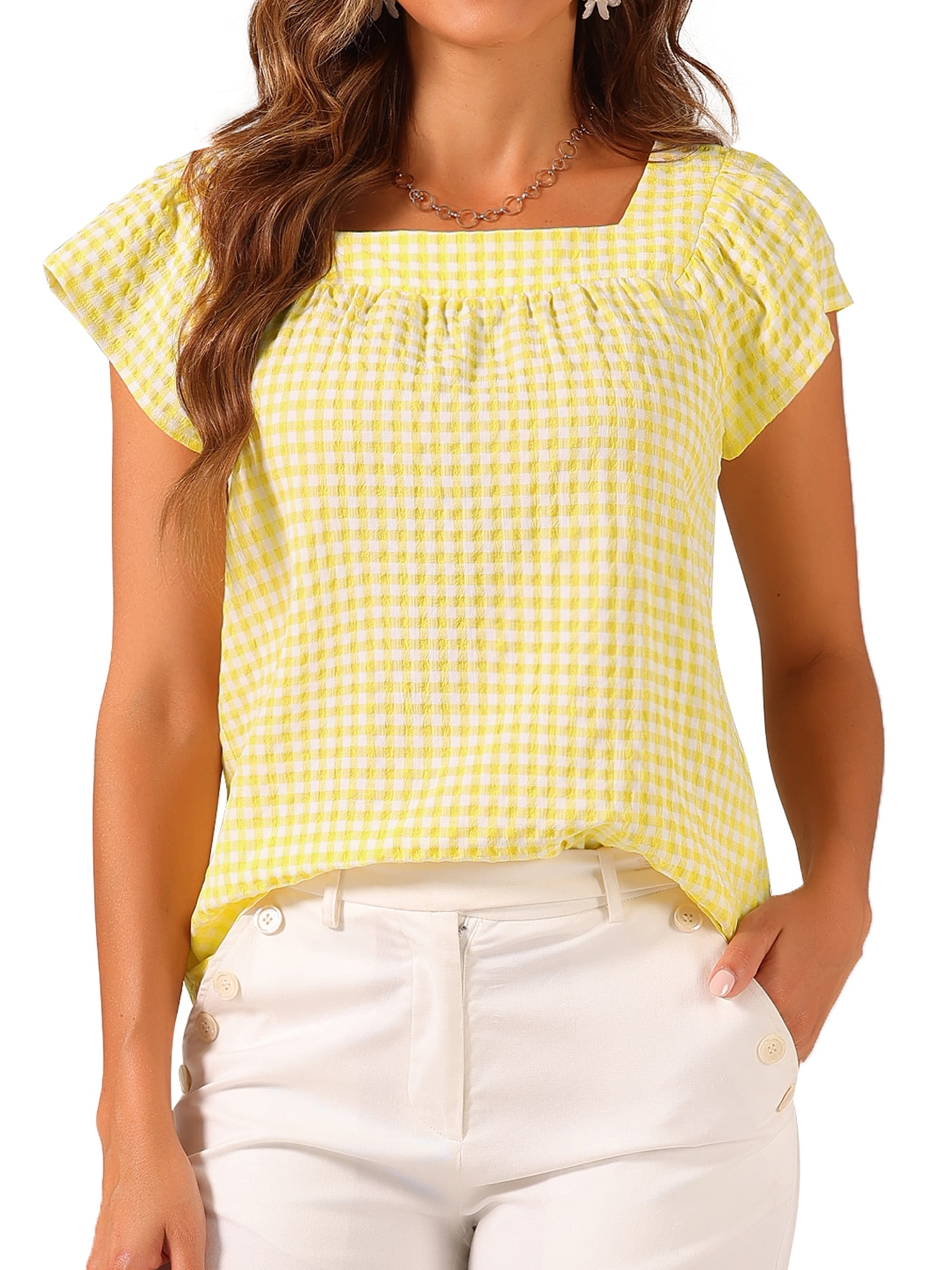 DARING DIVA Women's Cute Cap Sleeve Square Neck Plaid Blouses XS Yellow