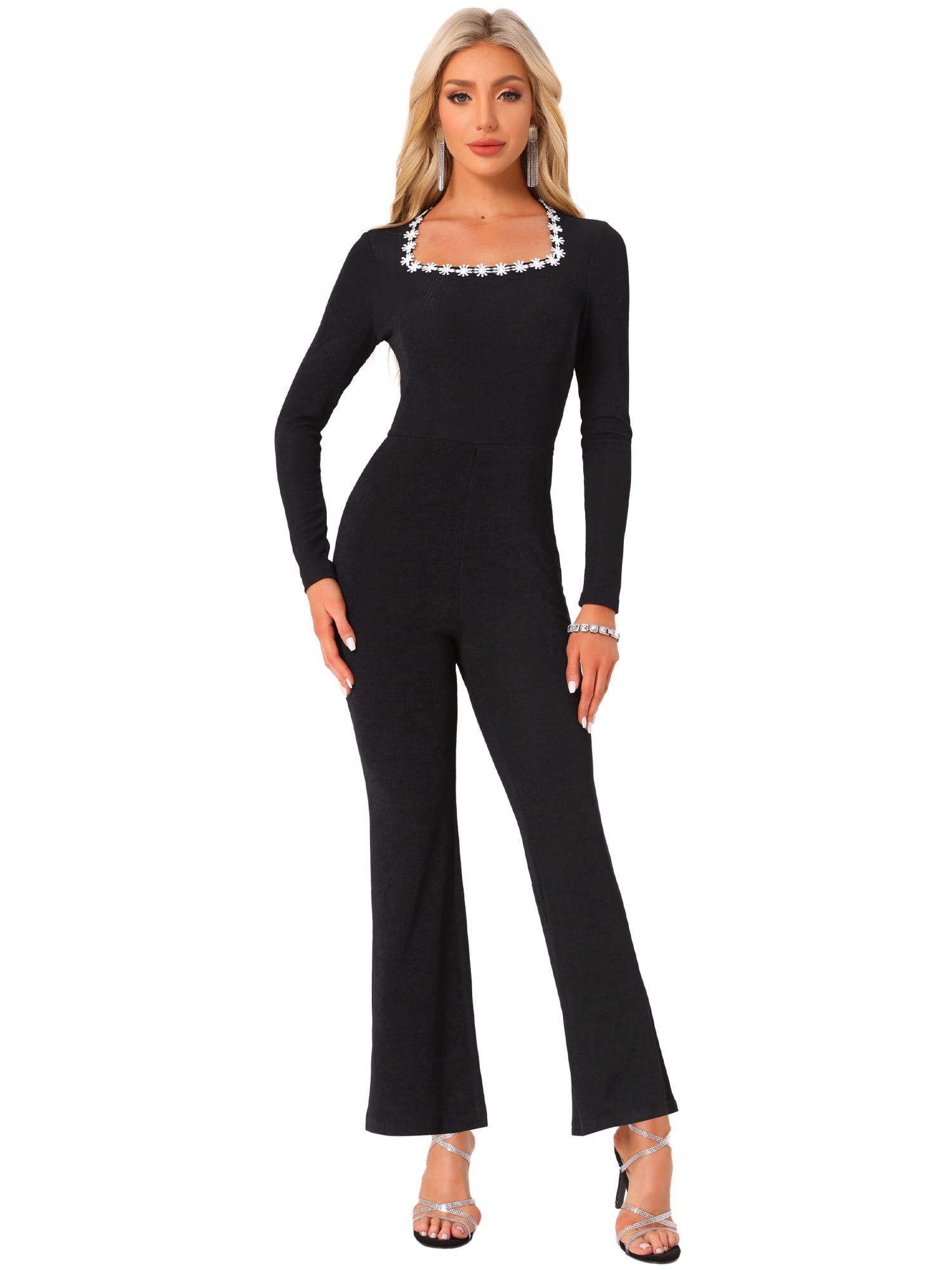DARING DIVA Women's Square Neck High Waisted Wide Leg Long Jumpsuit S Black