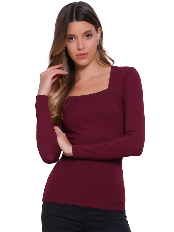 Women's Square Neck Long Sleeve Ribbed Knit Cute Top Shirts XL Deep Red