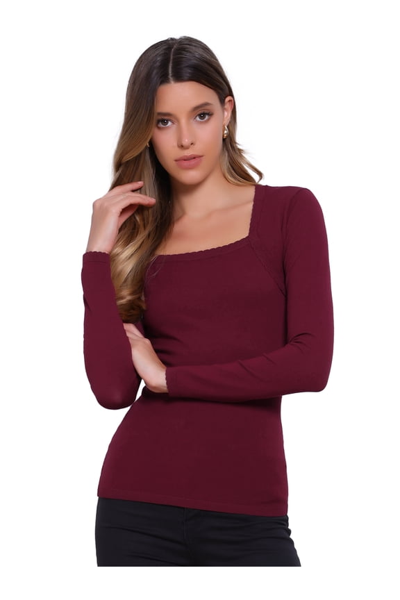 Women's Square Neck Long Sleeve Ribbed Knit Cute Top Shirts XS Deep Red