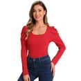 thumbnail image 1 of DARING DIVA Women's Square Neck Puff Long Sleeve Basic Ribbed Tunic Blouse Red L, 1 of 6