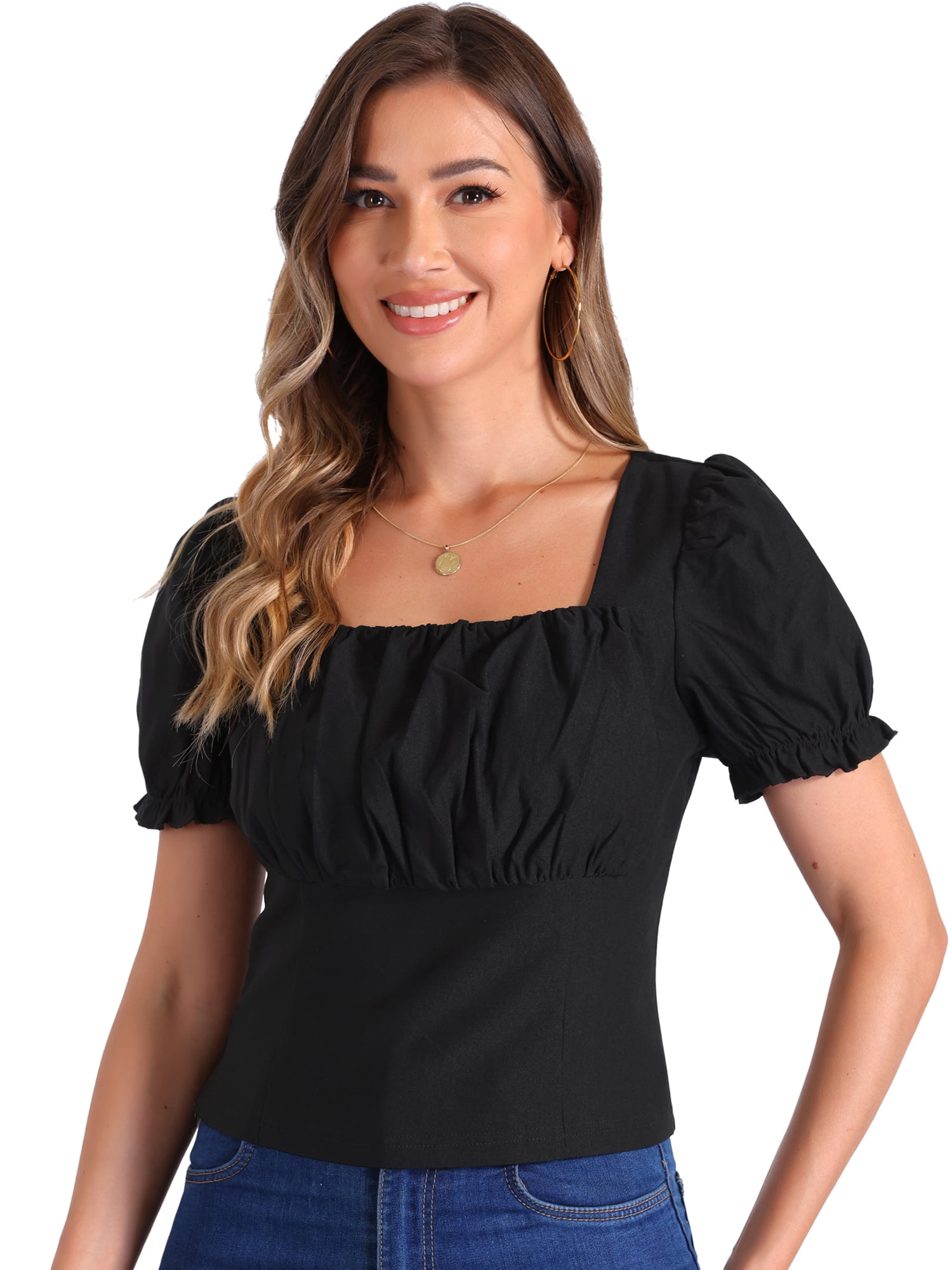 DARING DIVA Women's Square Neck Puff Sleeve Victorian Vintage Top M Black