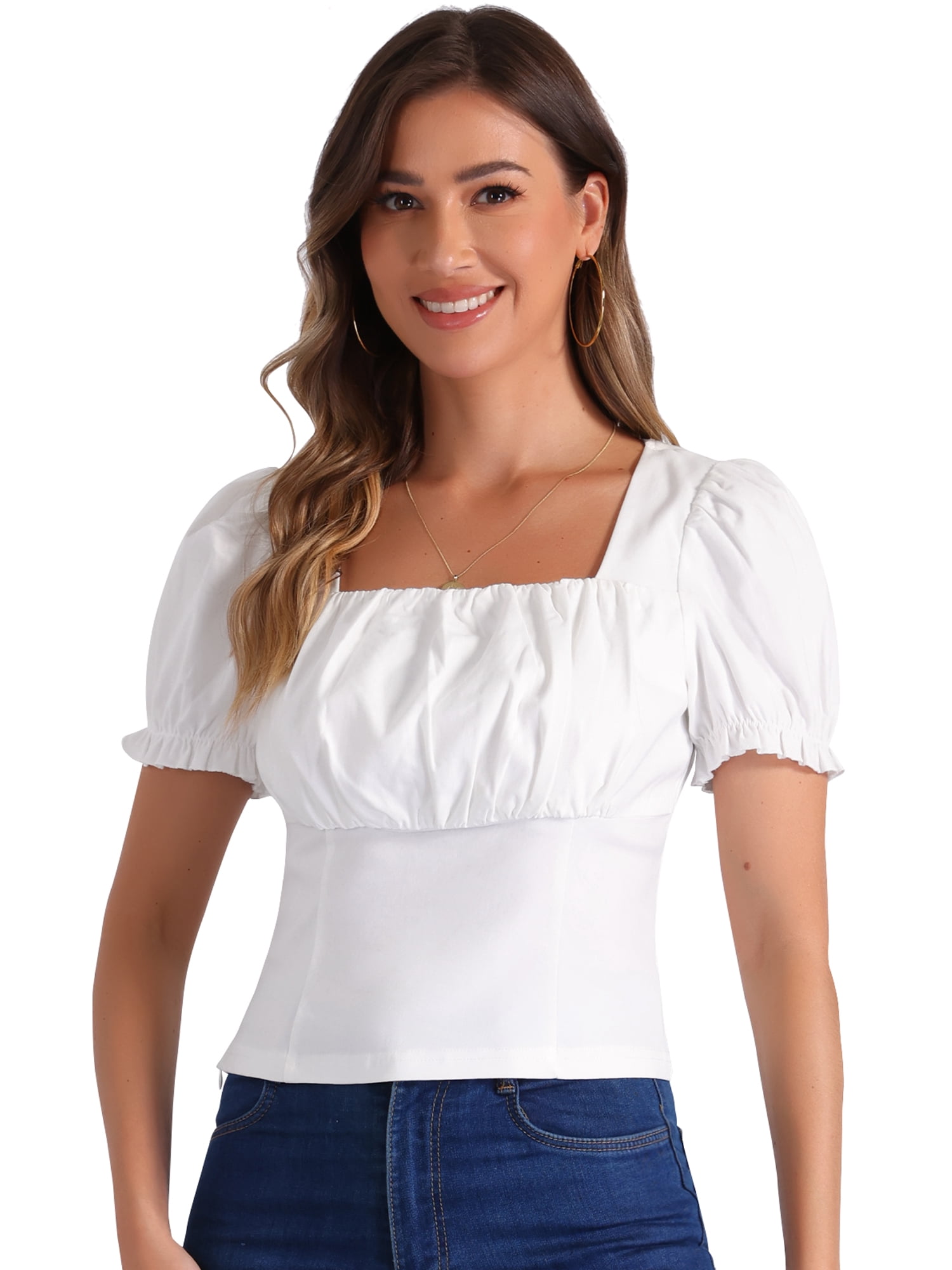 DARING DIVA Women's Square Neck Puff Sleeve Victorian Vintage Top M White
