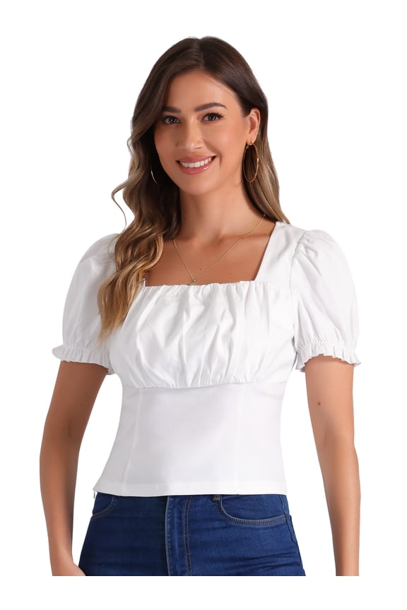Women's Square Neck Puff Sleeve Victorian Vintage Top M White