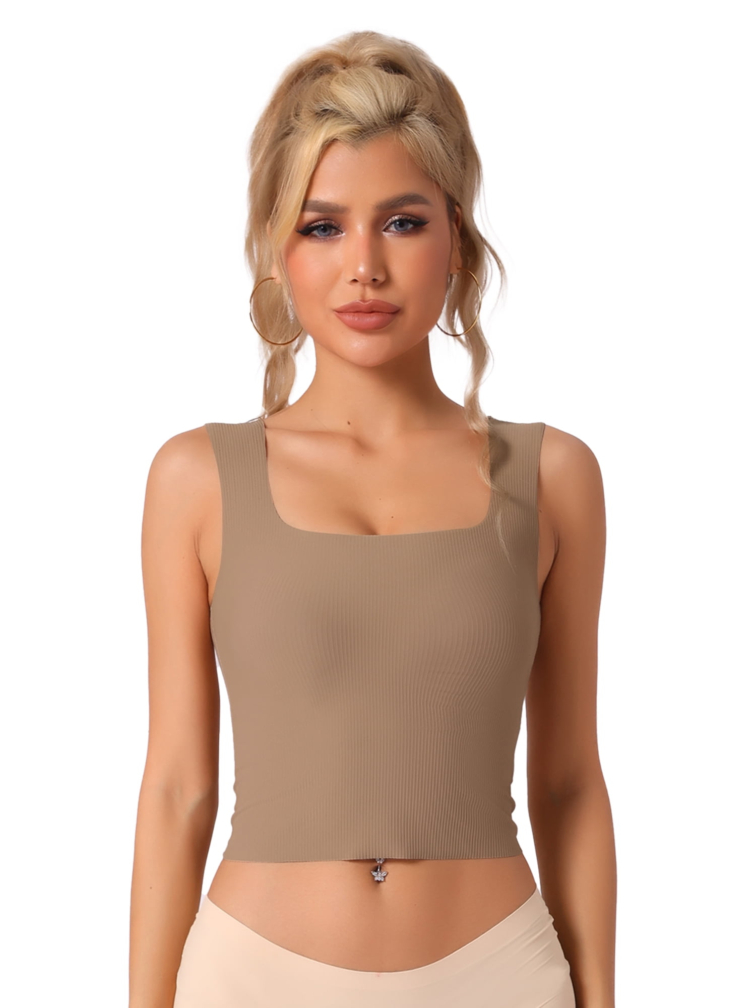 DARING DIVA Women's Square Neck Ribbed Slim Fit Tank Top Built-In Bra S Light Brown