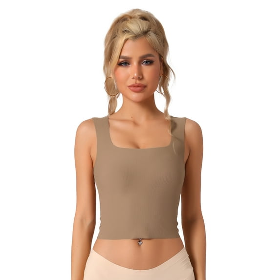 DARING DIVA Women's Square Neck Ribbed Slim Fit Tank Top Built-In Bra S Light Brown