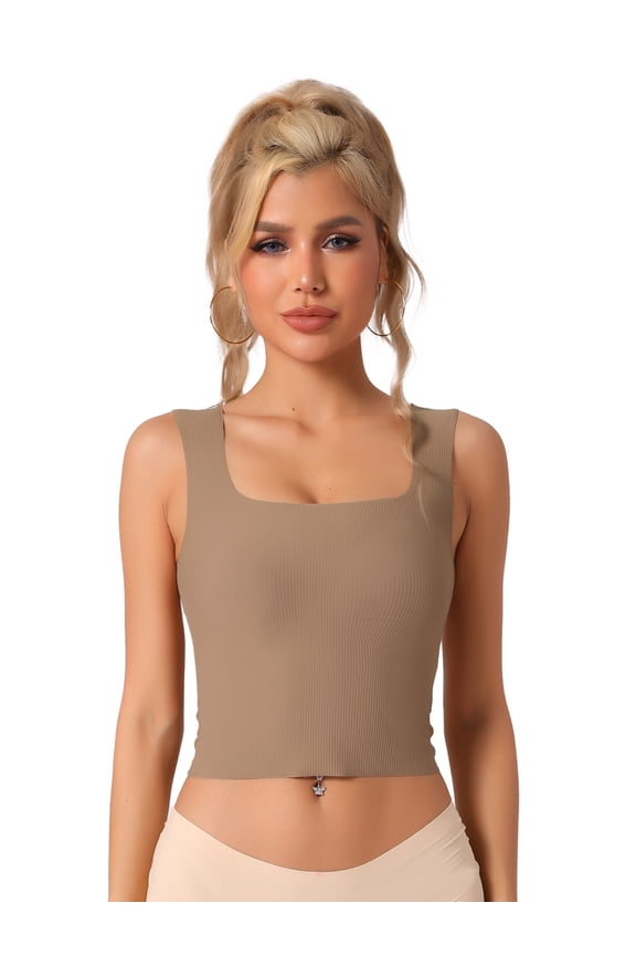 DARING DIVA Women's Square Neck Ribbed Slim Fit Tank Top w Built-In Bra M Light Brown