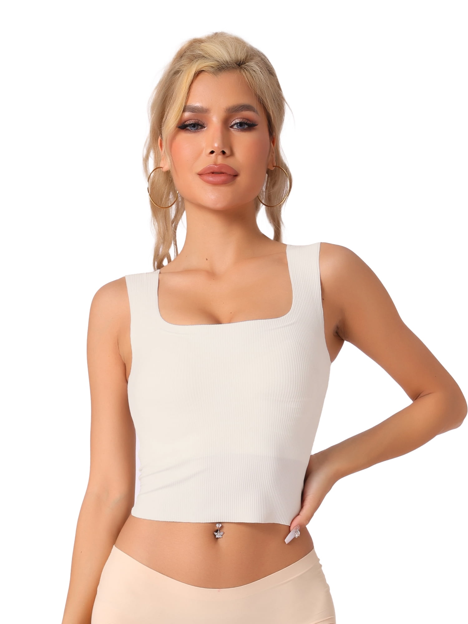 DARING DIVA Women's Square Neck Ribbed Slim Fit Tank Top Built-In Bra S White