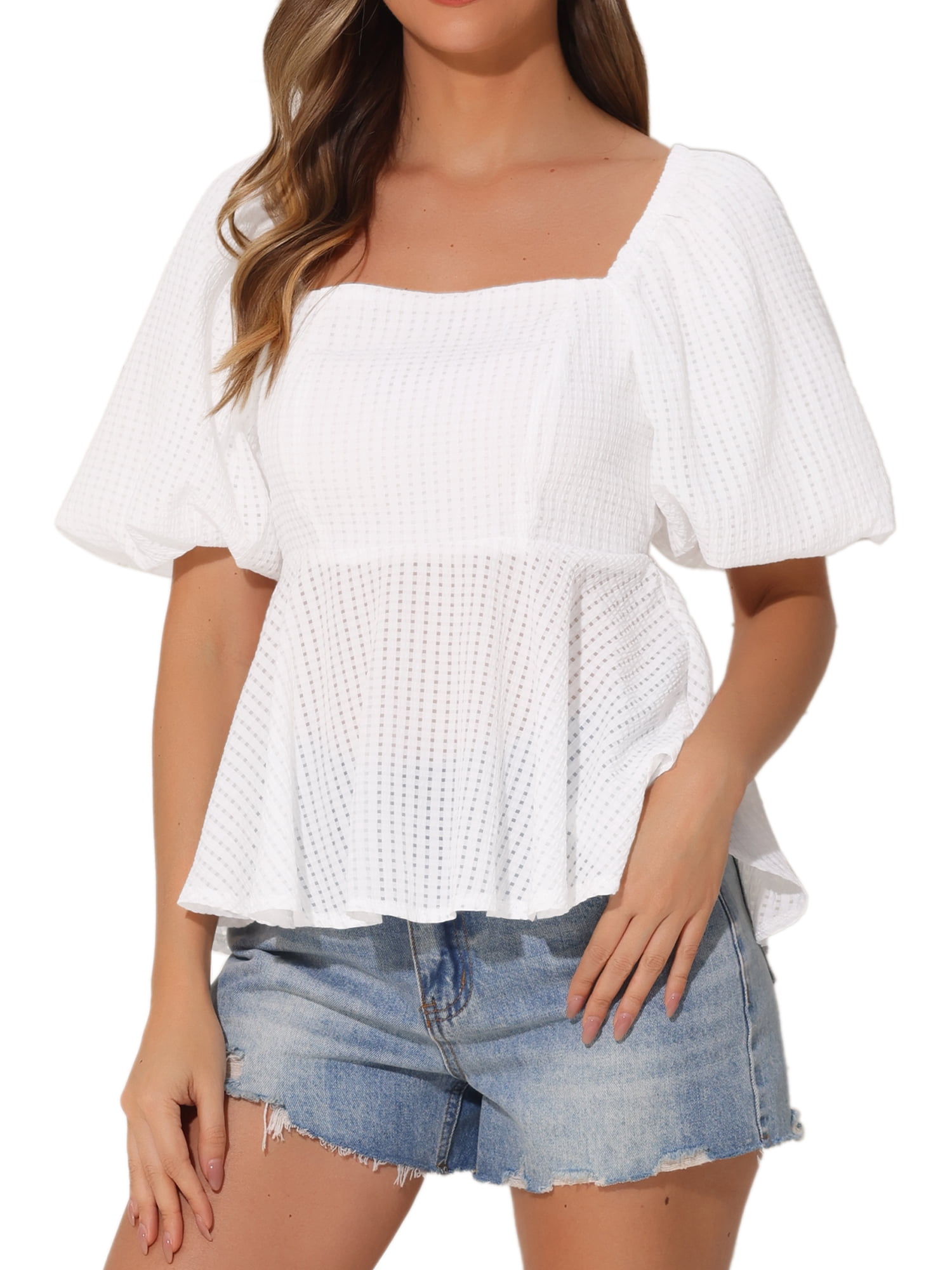 DARING DIVA Women's Peplum Square Neck Puff Short Sleeve Smocked Blouses S White