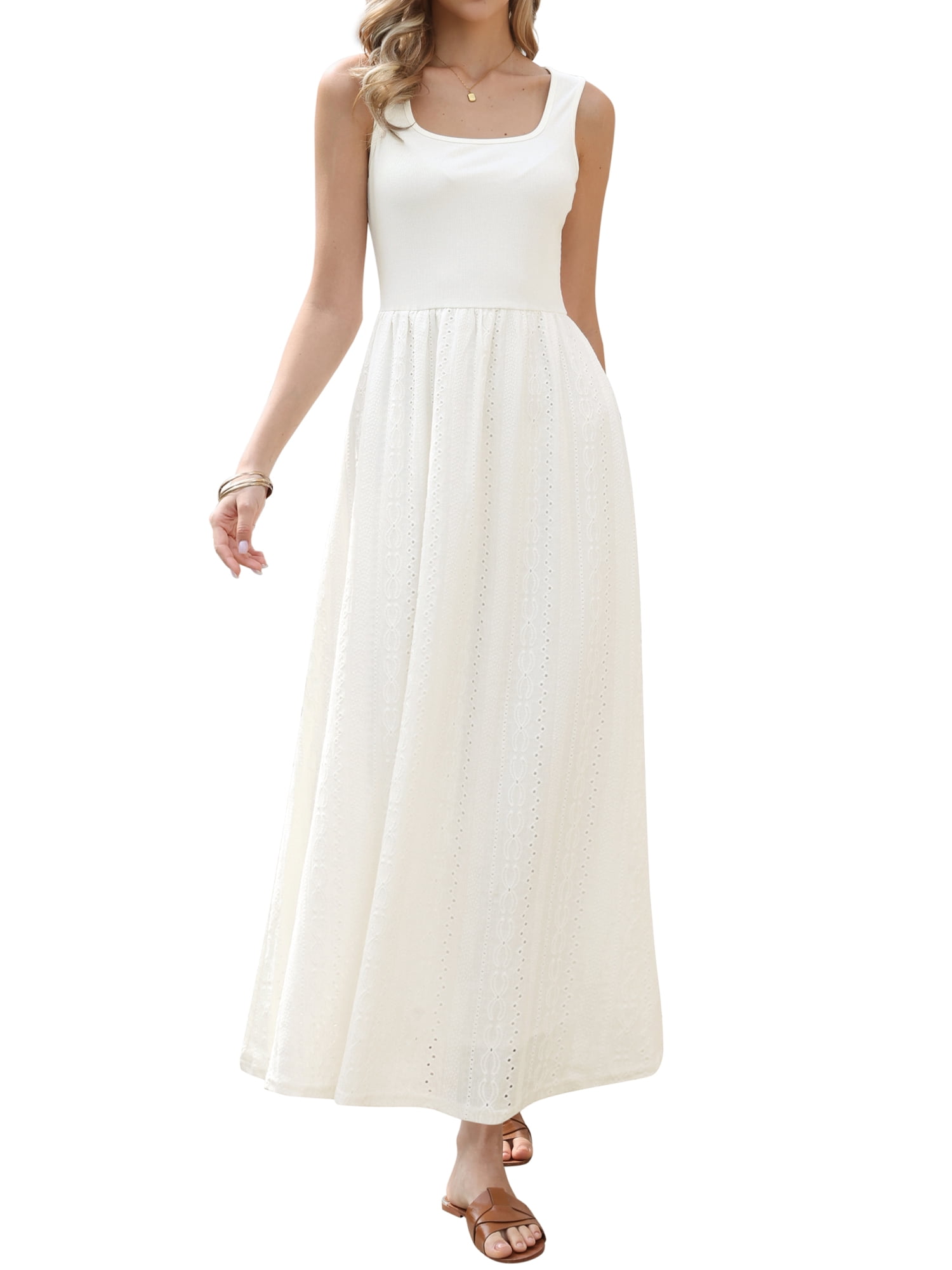 DARING DIVA Women's Square Neck Sleeveless Casual Beach Flare Maxi Dress S White