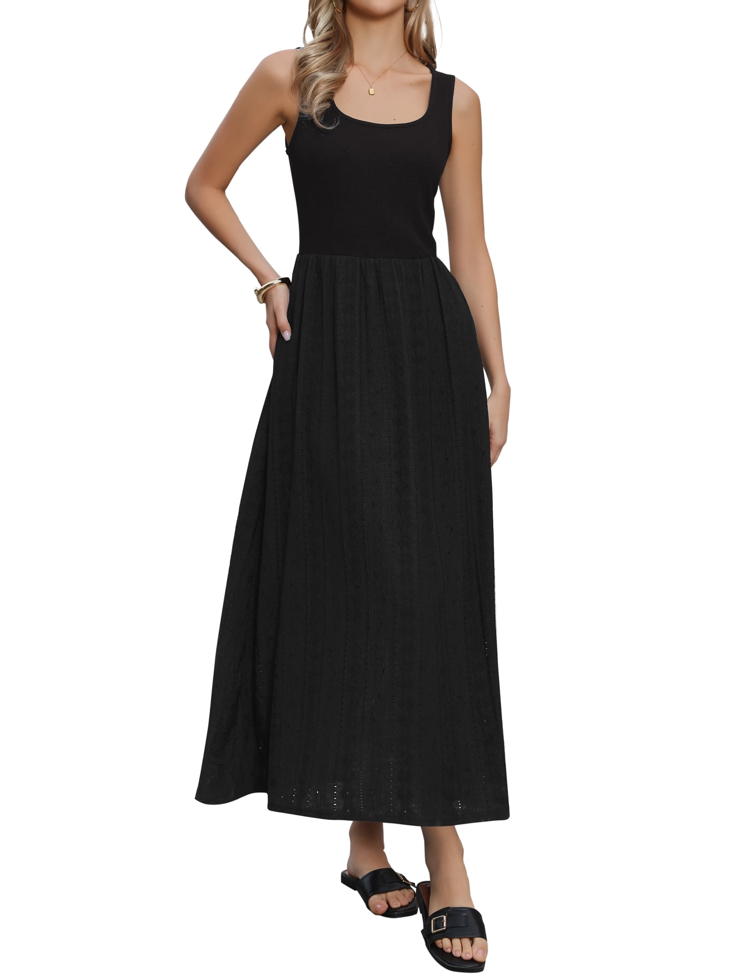 DARING DIVA Women's Square Neck Sleeveless Casual Beach Flare Maxi Dress XS Black