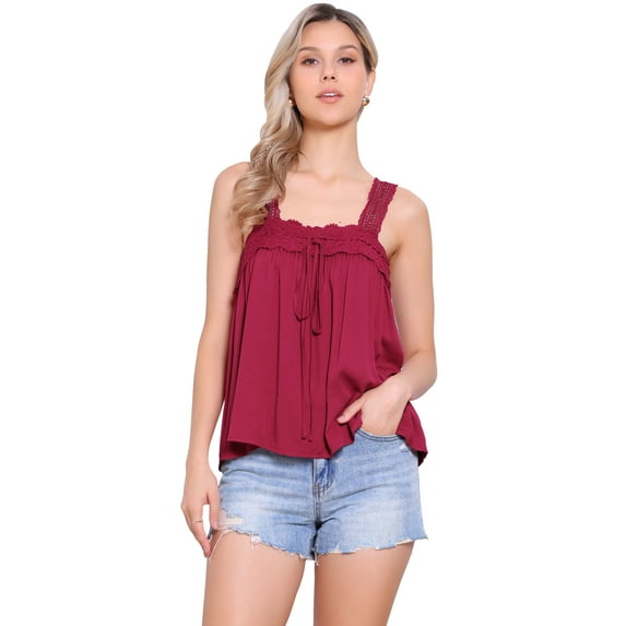 DARING DIVA Women's Square Neck Sleeveless Panel Lace Ruffles Tank Tops S Dark Red