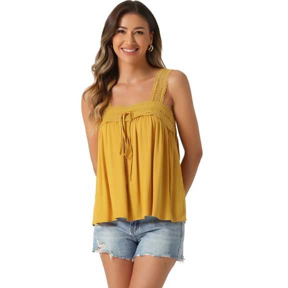 DARING DIVA Women's Square Neck Sleeveless Panel Lace Ruffles Tank Tops XS Yellow