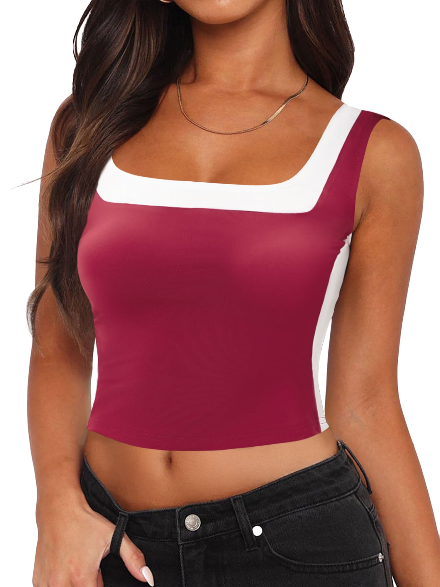 DARING DIVA Women's Square Neck Summer Crop Slim Fit Shirts XS Burgundy