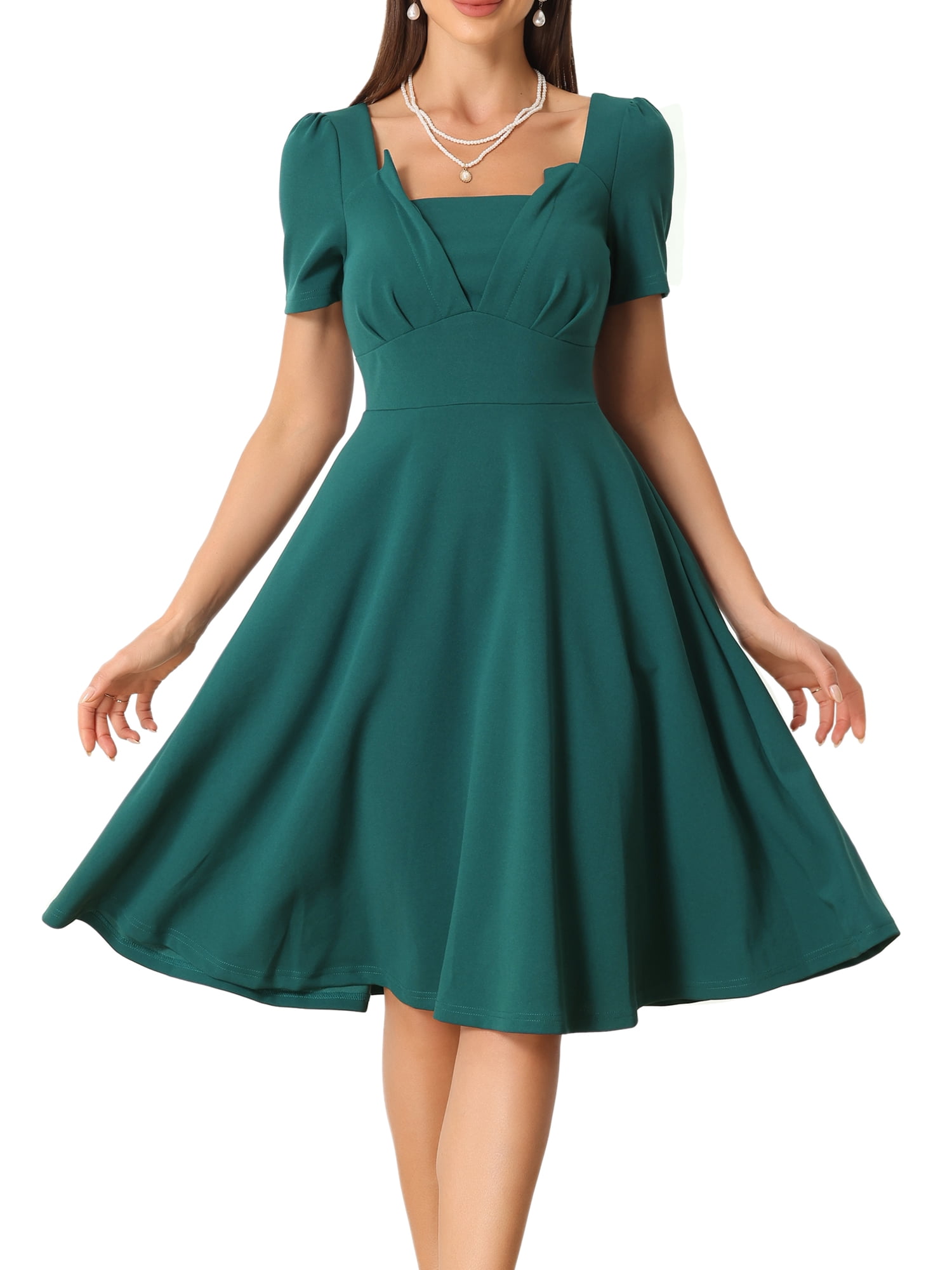 DARING DIVA Women's Square NeckHigh Waist Elegant Dresses S Green
