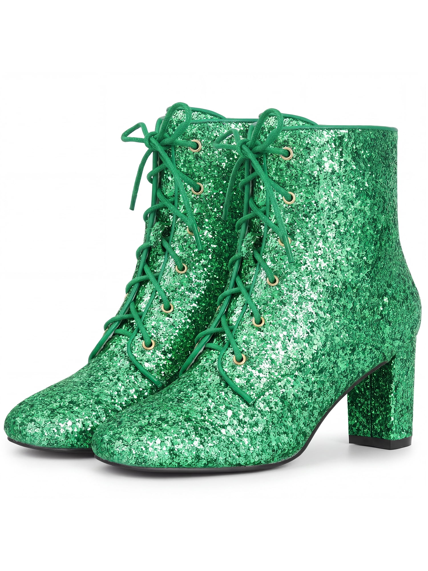 DARING DIVA Women's Square Toe Glitter Block Heels Ankle Boots Green 5.5