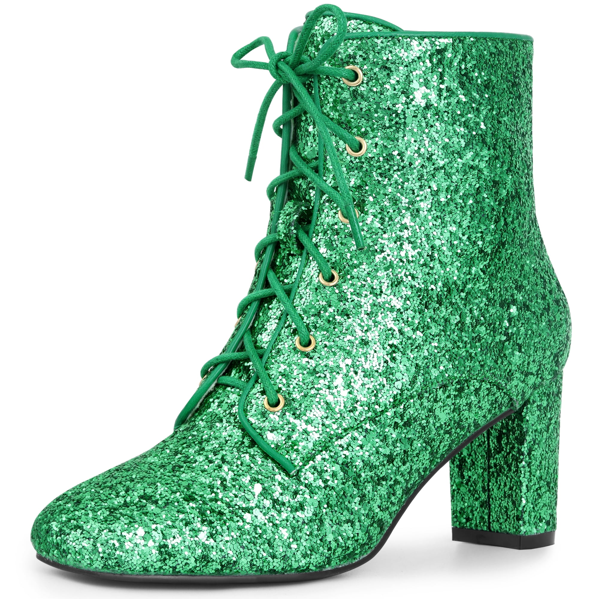 DARING DIVA Women's Square Toe Glitter Block Heels Ankle Boots Green 9