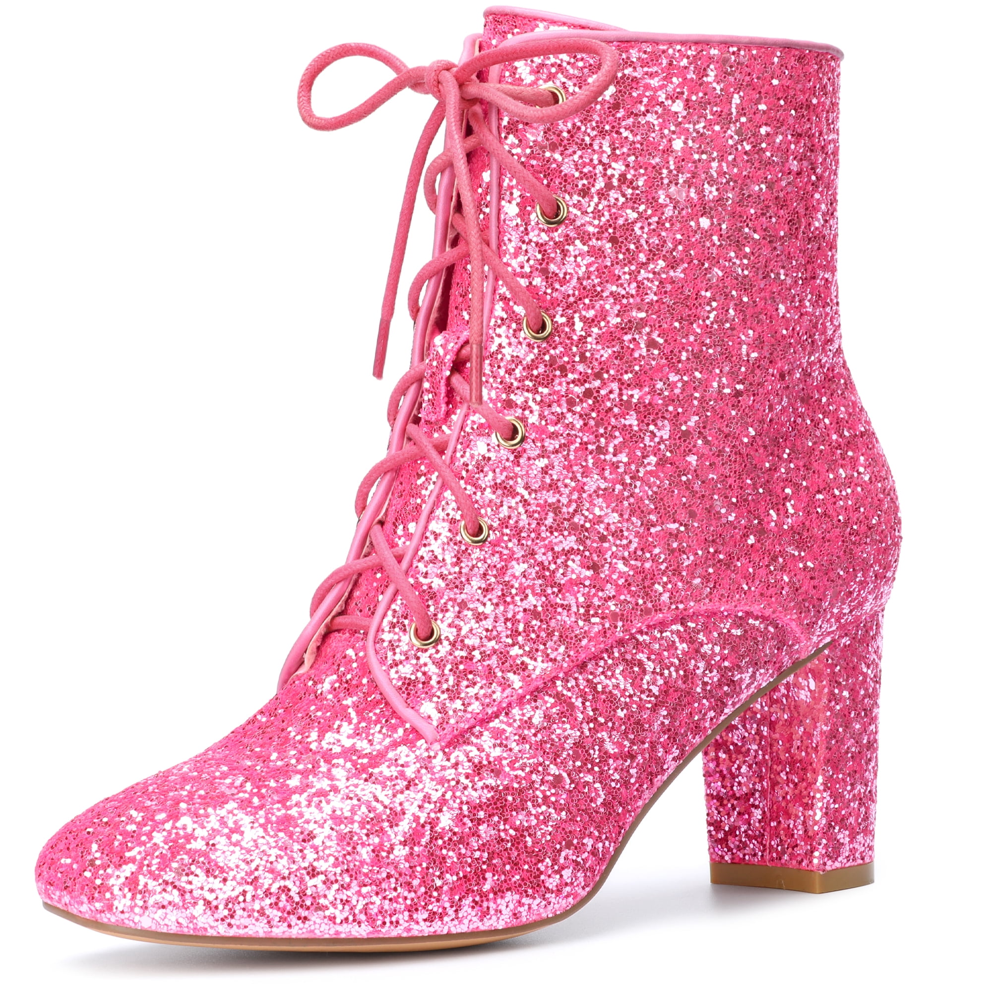 DARING DIVA Women's Square Toe Glitter Block Heels Ankle Boots Pink 6