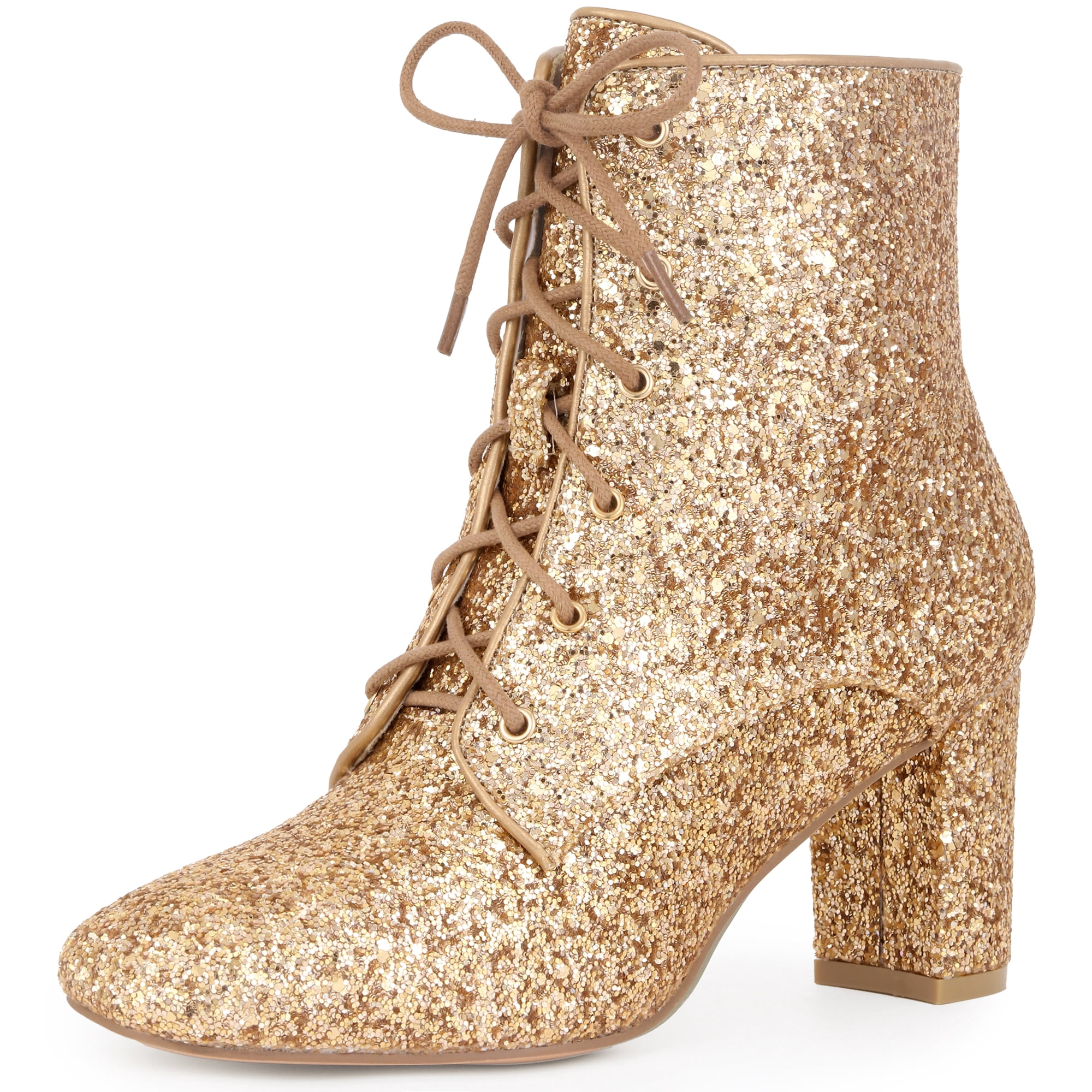 DARING DIVA Women's Square Toe Glitter Block Heels Ankle Boots Rose Gold 9