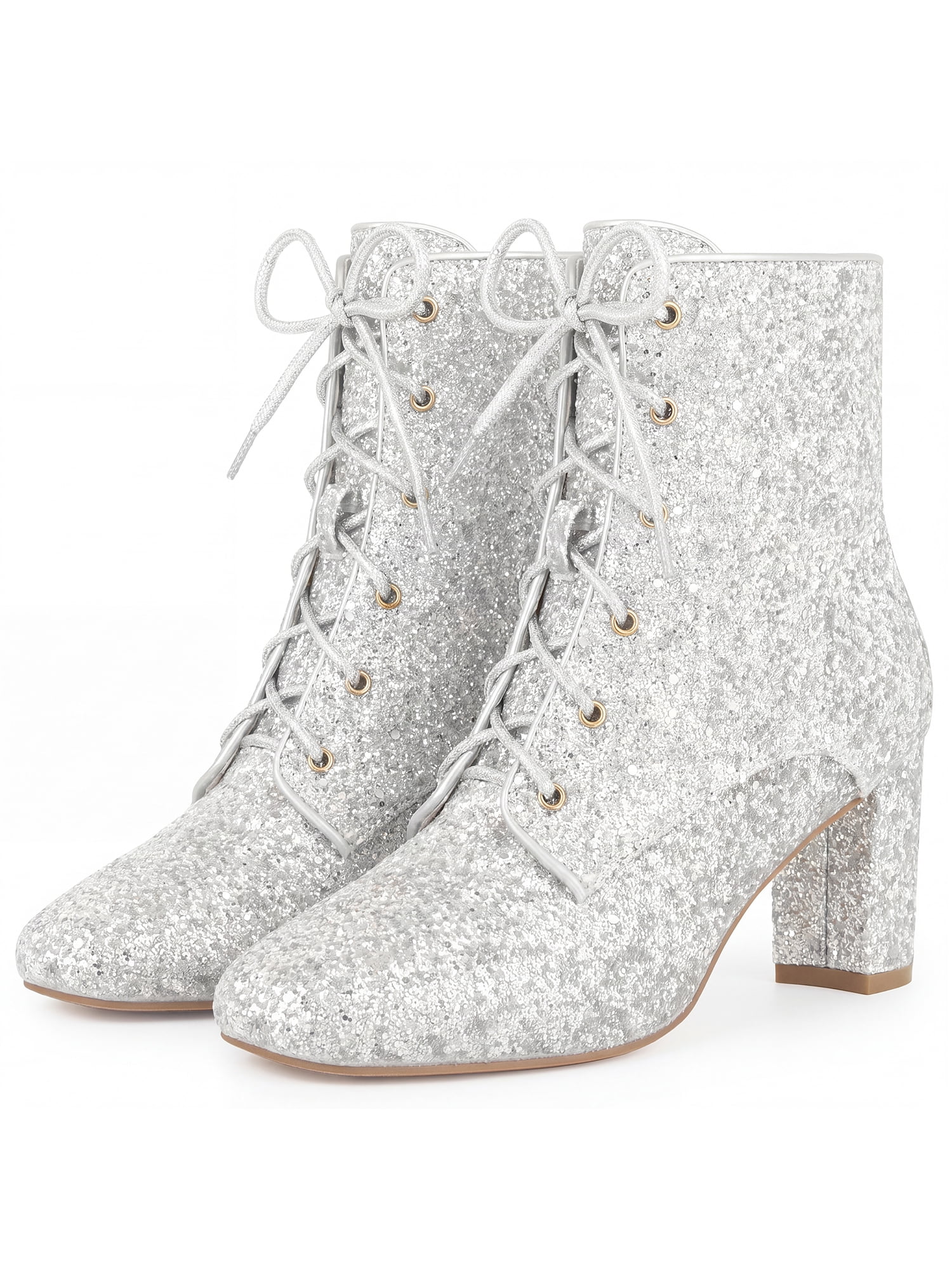 DARING DIVA Women's Square Toe Glitter Block Heels Ankle Boots Silver 5.5