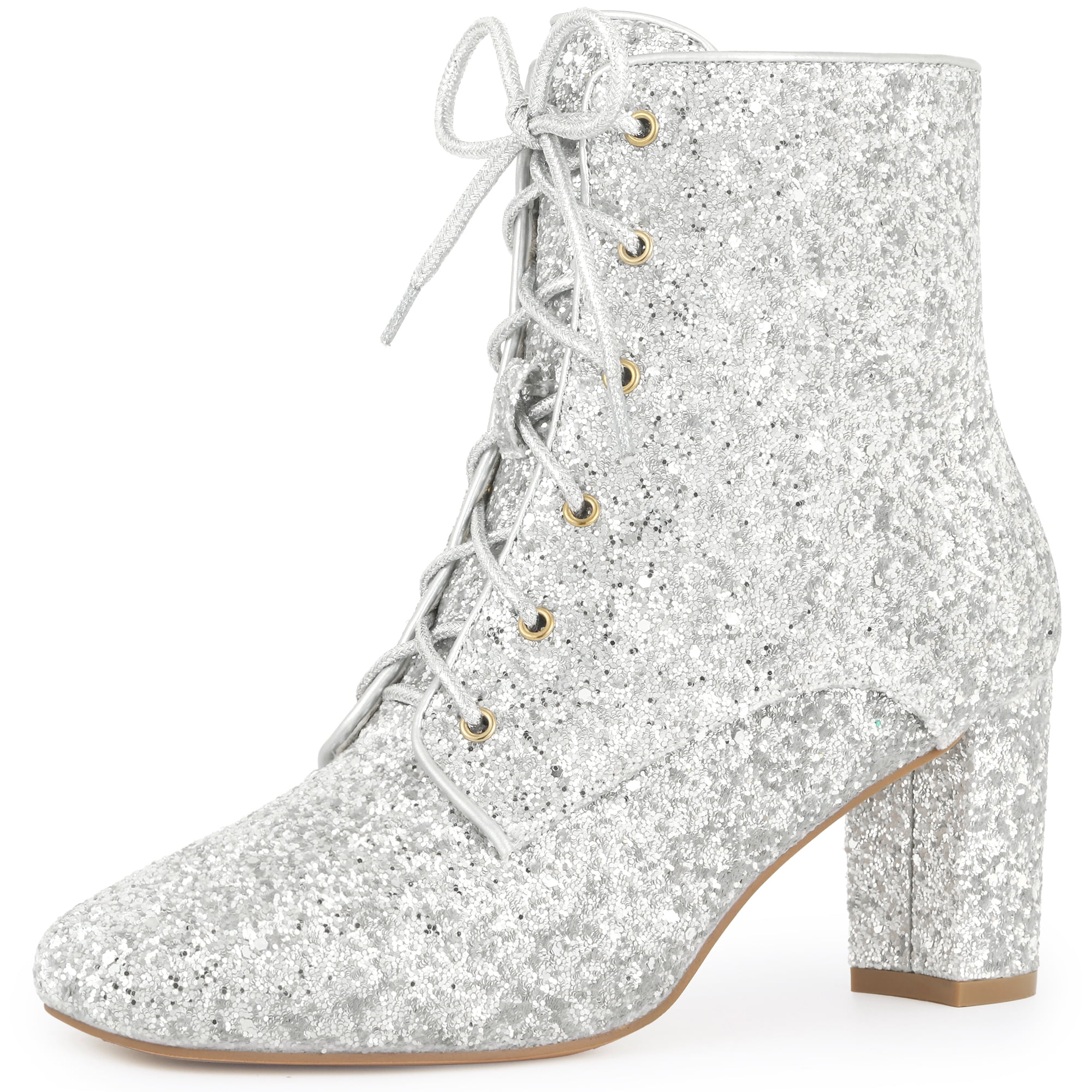 DARING DIVA Women's Square Toe Glitter Block Heels Ankle Boots Silver 6