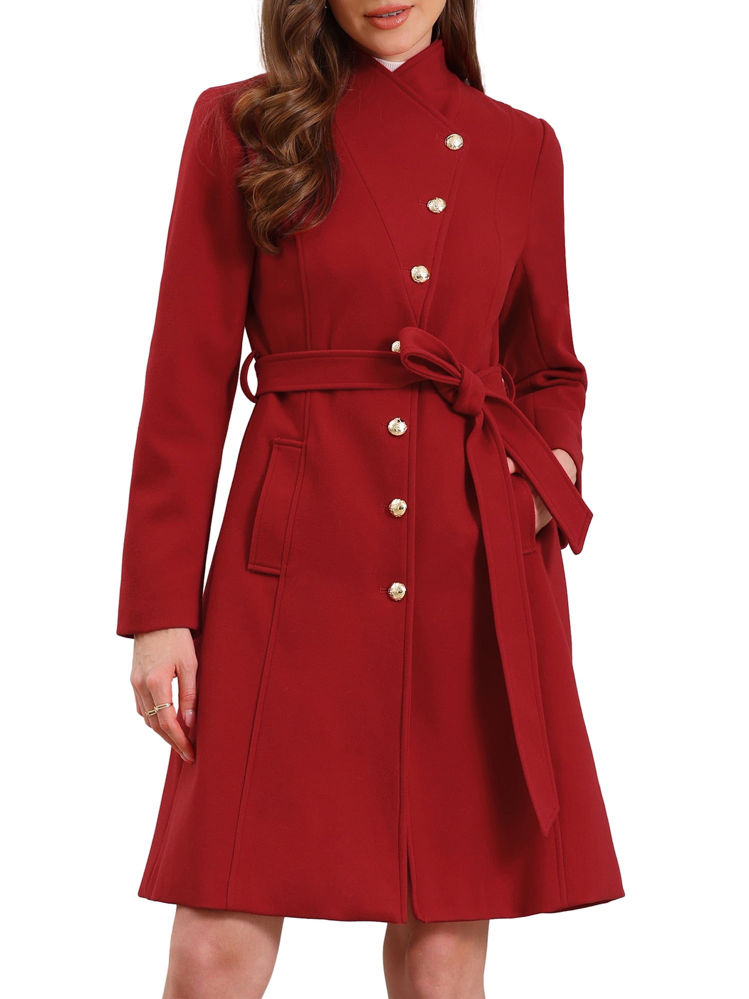 DARING DIVA Women's Stand Collar Belted Single Breasted Trench Pea Coat L Red