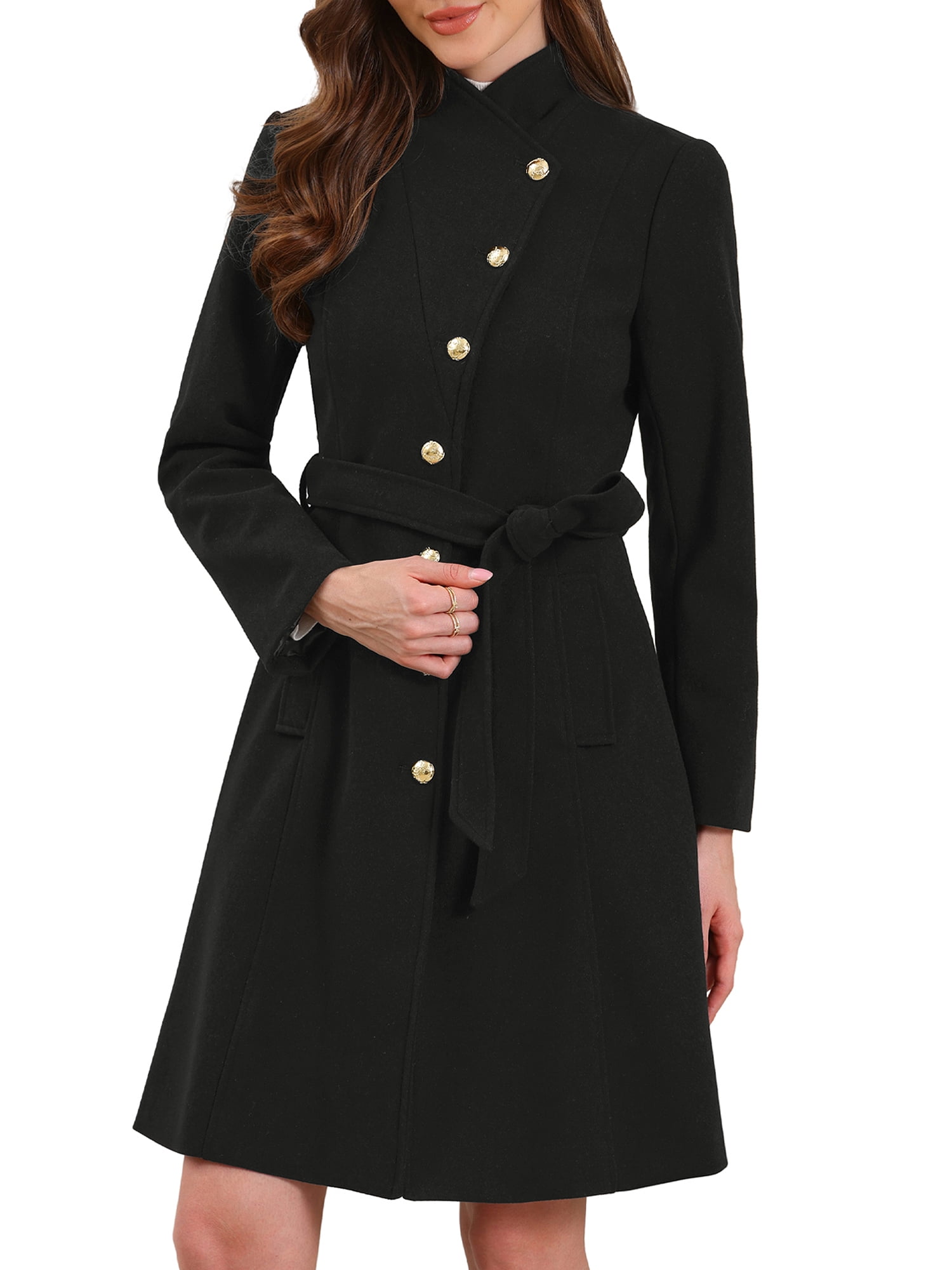 DARING DIVA Women's Stand Collar Belted Single Breasted Trench Pea Coat S Black