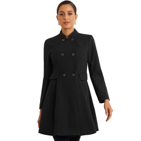 DARING DIVA Women's Stand Collar Double Breasted Winter Coat with Pockets Black S