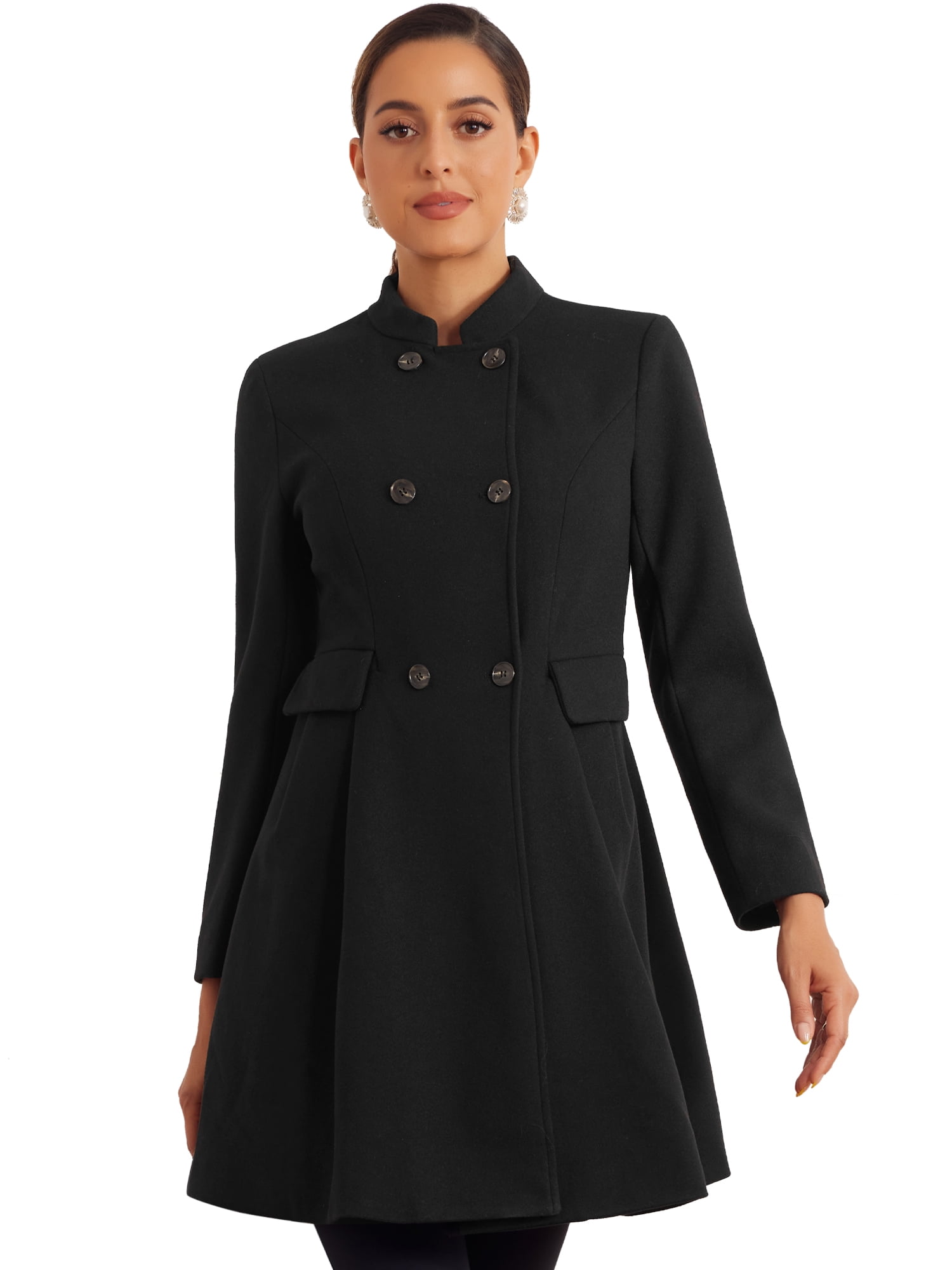 DARING DIVA Women's Stand Collar Double Breasted Winter Coat with Pockets Black XS