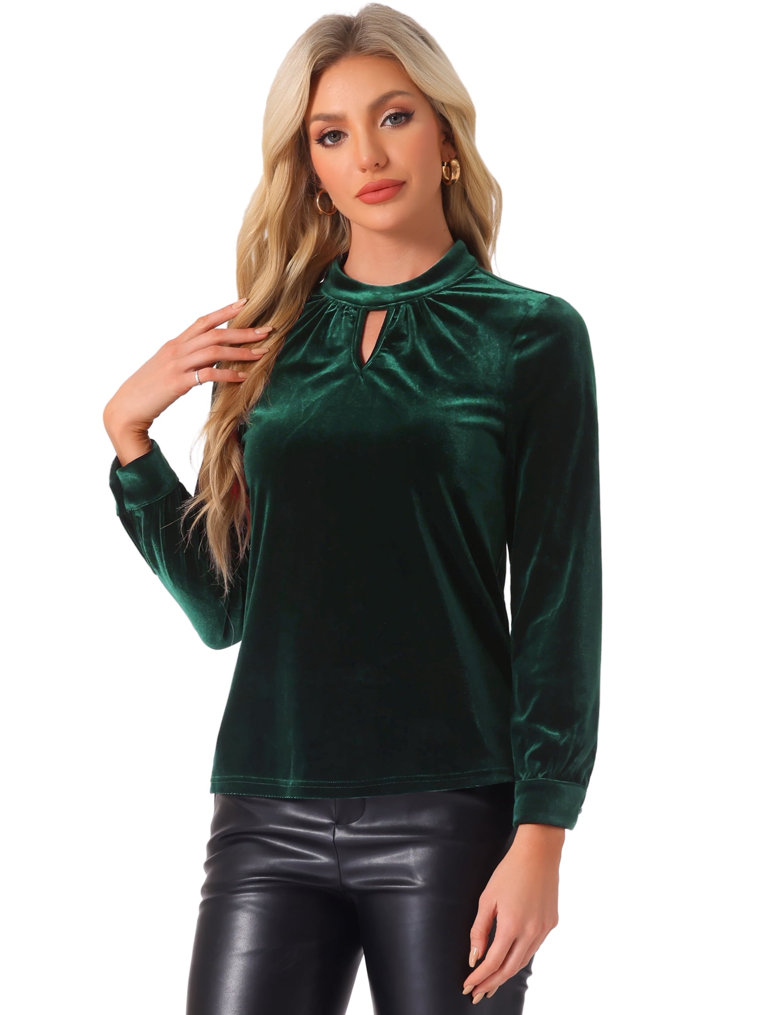 DARING DIVA Women's Velvet Long Sleeve Stand Collar Elegant Blouses M Dark Green