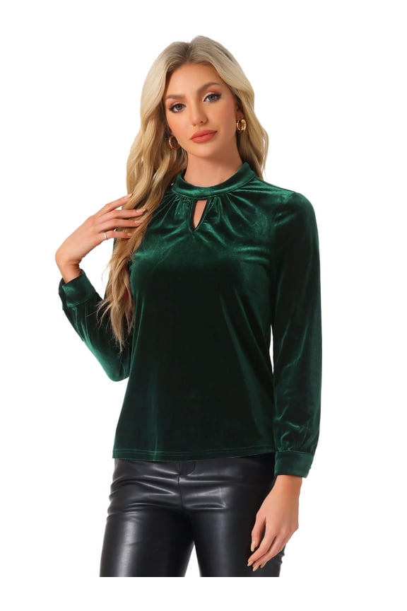 Women's Stand Collar Elegant Velvet Long Sleeve Tops M Dark Green
