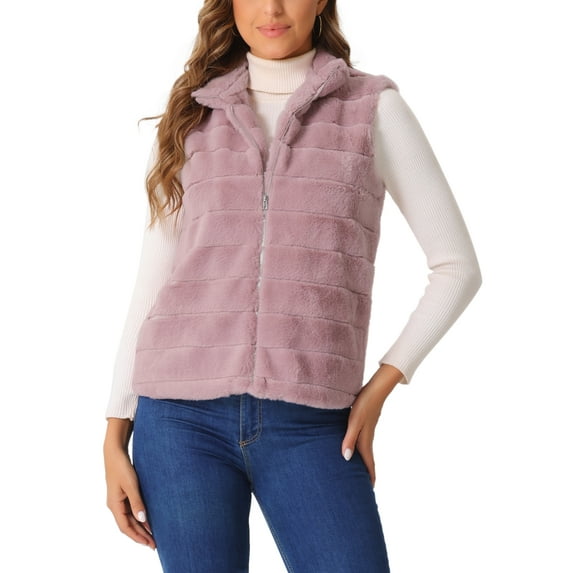 DARING DIVA Women's Stand Collar Fluffy Vest Faux Fur Sleeveless Coat L Pink