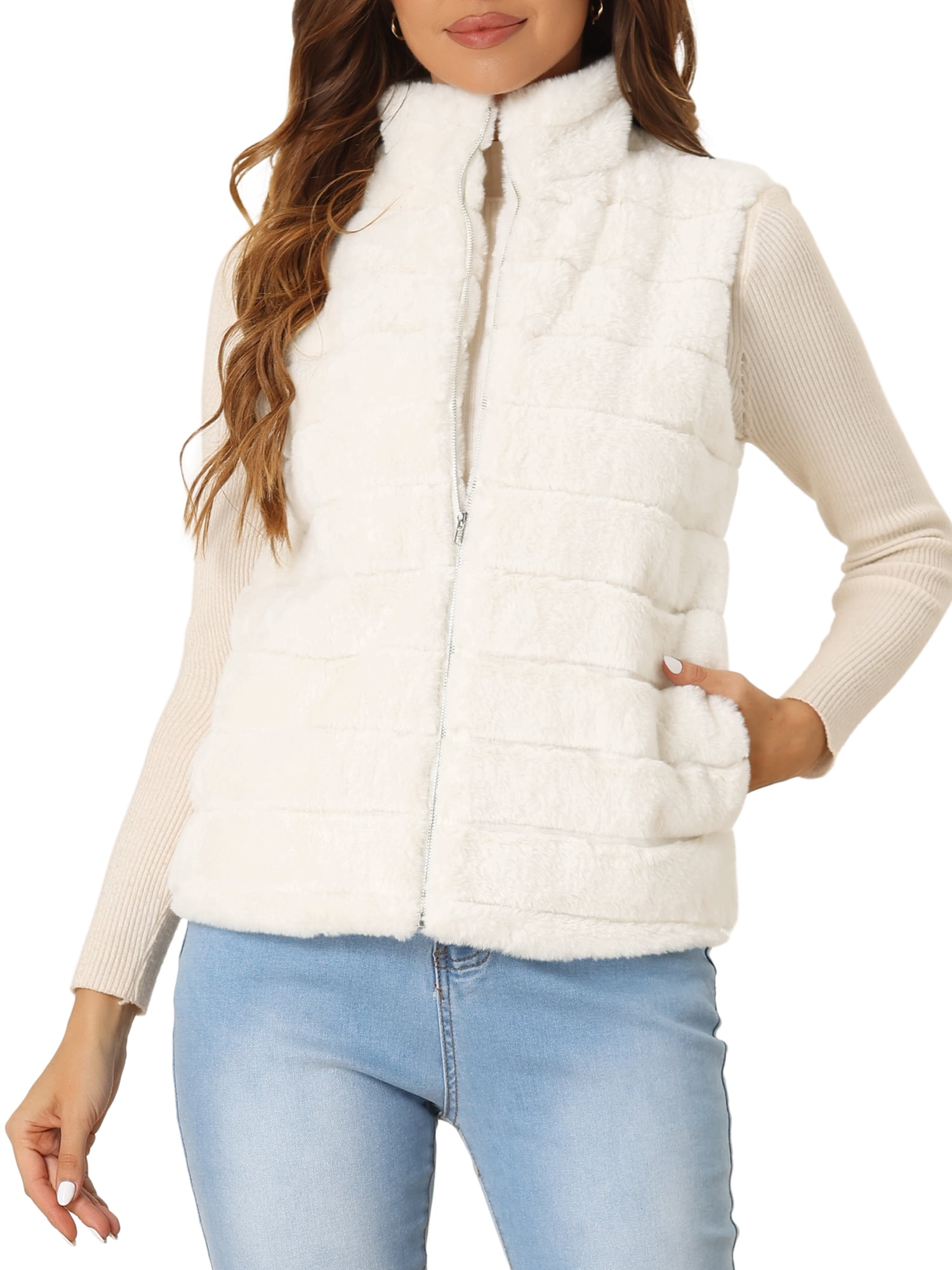 DARING DIVA Women's Stand Collar Fluffy Vest Faux Fur Sleeveless Coat L White