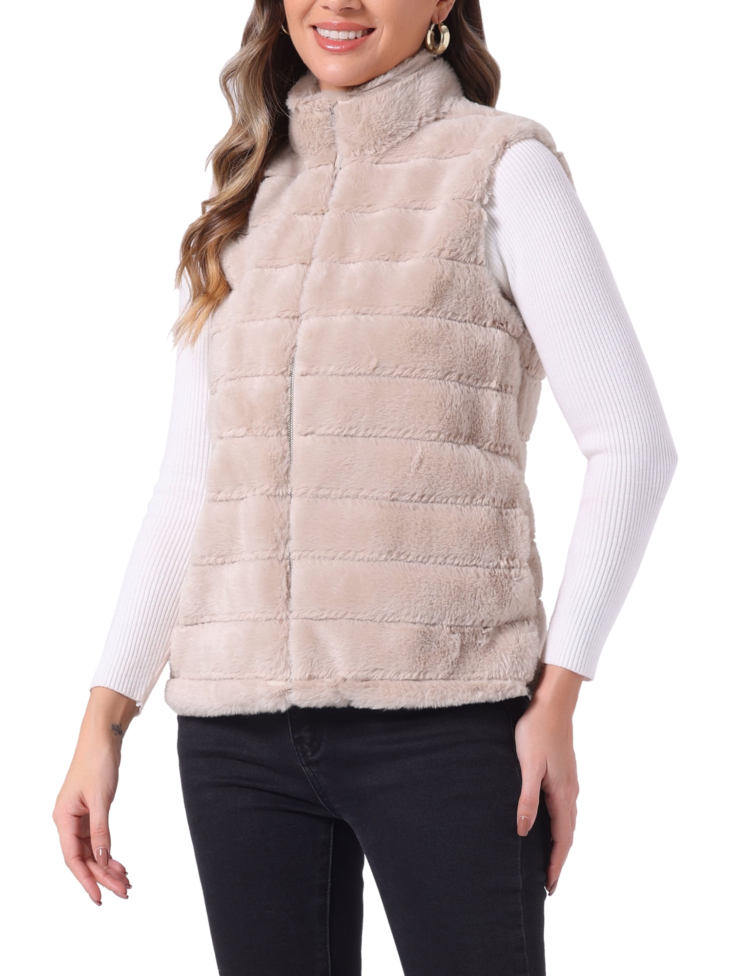 DARING DIVA Women's Stand Collar Fluffy Vest Faux Fur Sleeveless Coat XL Beige