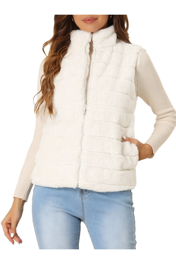 Women's Stand Collar Fluffy Vest Faux Fur Sleeveless Coat XL White