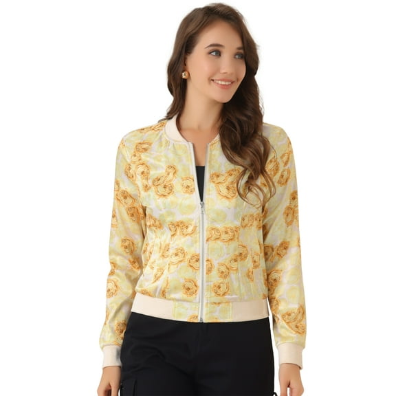 DARING DIVA Women's Stand Collar Front Zipper Satin Bomber Jacket L Yellow