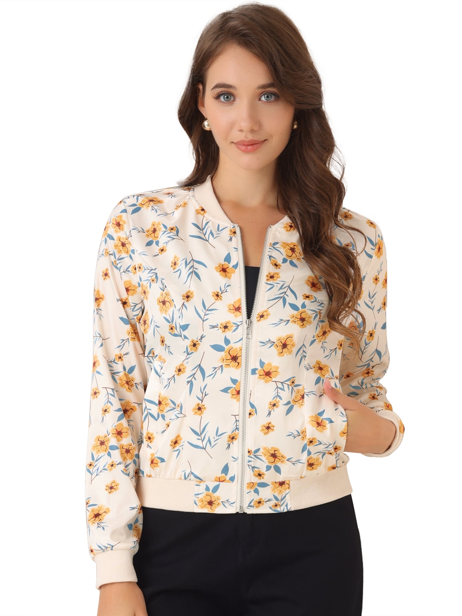DARING DIVA Women's Stand Collar Front Zipper Satin Bomber Jacket M Apricot Blue