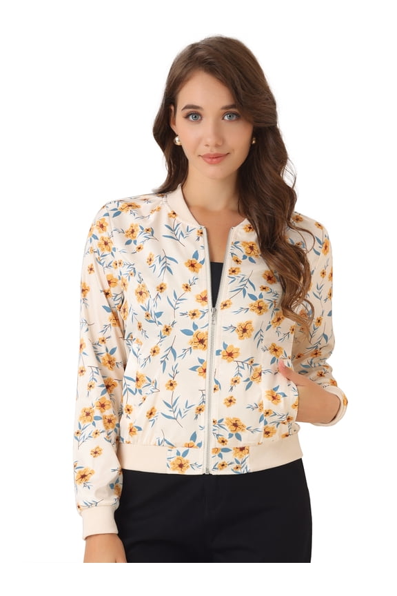 Women's Stand Collar Front Zipper Satin Bomber Jacket M Apricot Blue