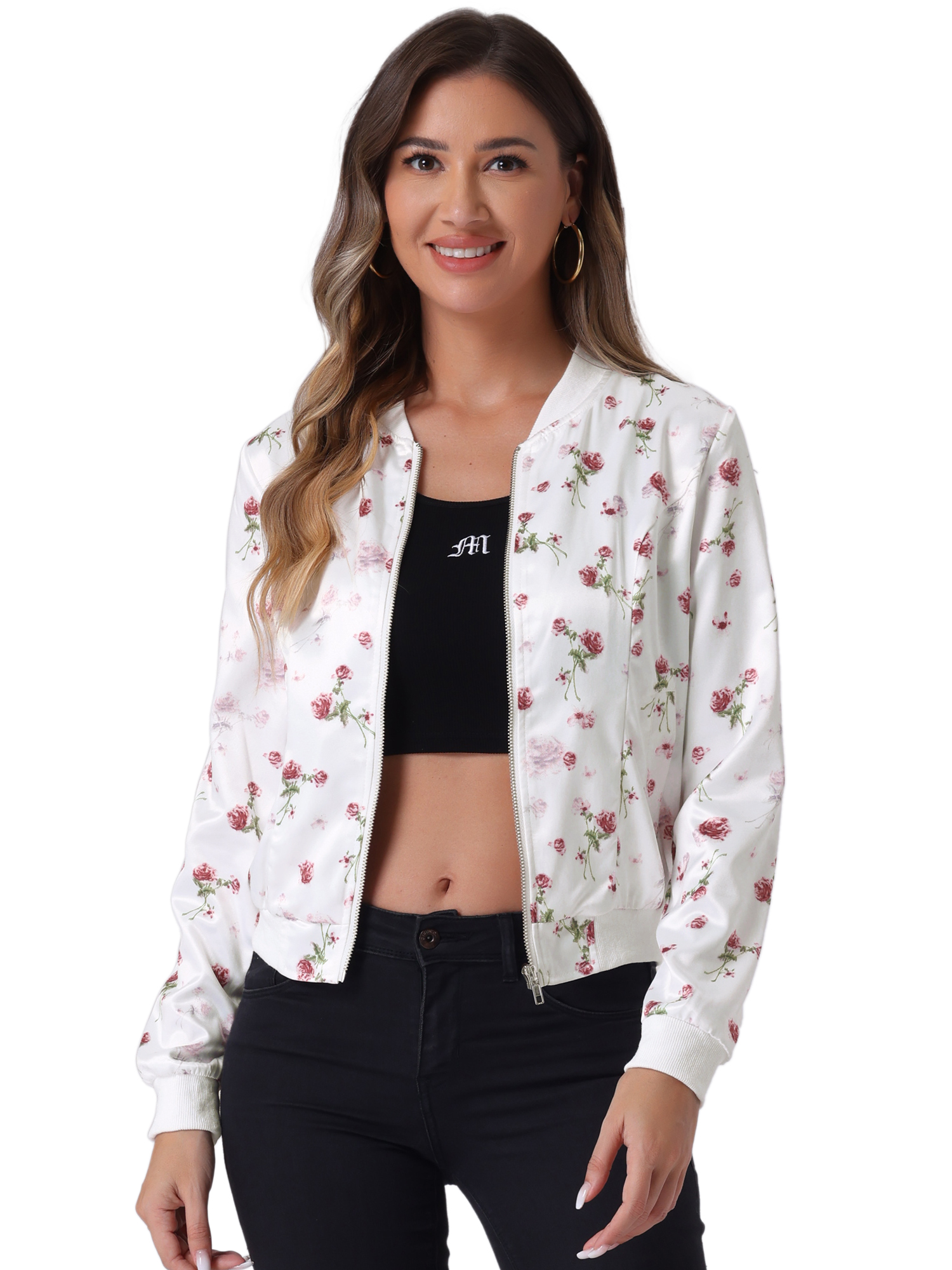 DARING DIVA Women's Stand Collar Front Zipper Satin Bomber Jacket M White Red